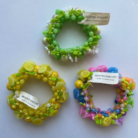 3 Vintage NOS Flower Tutti Frutti Bracelet Leaves Beads Original Tags dead-stock - Picture 1 of 13